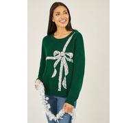 Yumi Women's Green Sequin Bow Knitted Jumper | Size: Medium Yumi Green M
