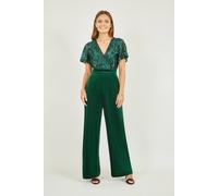 Yumi Green Sequin Embellished Velvet Jumpsuit With Angel Sleeves Green 8