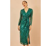 Yumi Women's Green Sequin Midi Wrap Dress With Split Hemline & Long Sleeves | Size: 8 Yumi Green 8