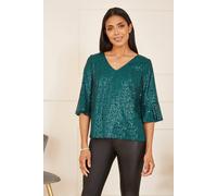 Yumi Green Sequin Top with Fluted Sleeve 20 UK Green