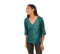 Yumi Green Sequin Top with Fluted Sleeve 16 UK Green