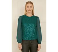 Yumi Green Sequin Top with Sheer Sleeves 10 Green