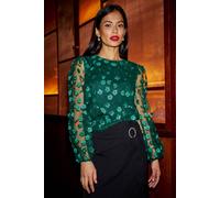 Yumi Women's Green Sheer Sleeve Applique Flower Top | Size: 8 Yumi Green 8