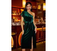 Yumi Women's Green Velvet Frill One Shoulder Midi Dress With Split Hem | Size: 8 Yumi Green 8