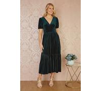 Yumi Green Velvet Midi Dress (UK, Numeric, 14, Regular, Regular, Green)