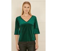 Yumi Women's Green Velvet Relaxed Fit Top With Fluted Sleeves | Size: 14 Yumi Green 14