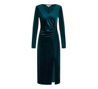 Yumi Green Velvet V Neck Fitted Ruched Midi Dress (UK, Numeric, 10, Regular, Regular, Green)