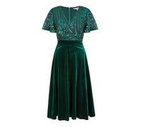 Yumi Green Velvet Wrap Midi Dress, Sequin Embellished Bodice, Flutter Sleeves, 112cm Length (UK, Numeric, 16, Regular, Regular, Green)