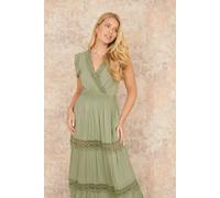 Green Viscose Lace Trim Wrap Maxi Dress Yumi Green 10