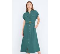 Yumi Women's Green Viscose Linen Look Midi Shirt Dress With Wooden Belt | Size: 16 Yumi Green 16