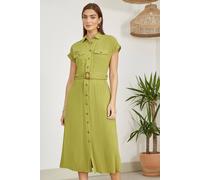 Yumi Green Viscose Linen Look Midi Shirt Dress with Wooden Belt (UK, Numeric, 12, Regular, Regular, Lime Green)