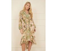 Yumi Green Viscose Scarf Print Tie Front Midi Dress With Dip Hem Green