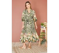 Yumi Green Viscose Zebra and Floral Print Midi Dress (UK, Numeric, 16, Regular, Regular, Green)