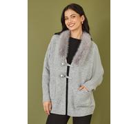 Yumi Grey Cardigan With Detachable Fur Collar Trim Grey M/L