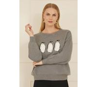 Yumi Women's Grey Christmas Festive Penguin Knitted Jumper | Size: S/M Yumi Grey S/M