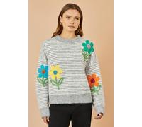 Yumi Women's Grey Striped Relaxed Fit Jumper With Flowers | Size: Medium Yumi Grey M