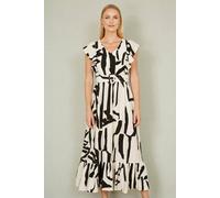 Yumi Women's Ivory Abstract Print Viscose Midi Dress With Matching Belt in Beige | Size: 14 Yumi Beige 14