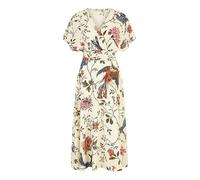 Yumi Ivory Bird and Floral Print Ruched Waist Kimono Midi Dress (UK, Numeric, 14, Regular, Regular, White)