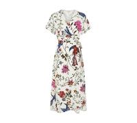 Yumi Ivory Bird and Floral Print Ruched Waist Kimono Midi Dress