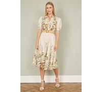 Yumi Ivory Cotton Printed Midi Floral Placement Shirt Dress In Beige Beige M