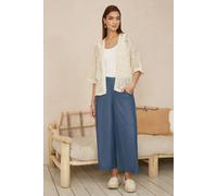 Yumi Women's Ivory Crochet Edge To Edge 3/4 Sleeve Cardigan in Beige | Size: Medium Yumi Beige M