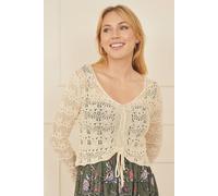 Yumi Women's Ivory Crochet Top With Front Ruching in Beige | Size: Medium Yumi Beige M