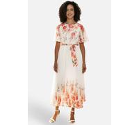 Yumi Women's Ivory Floral Mirror Pleated Midi Dress in Coral | Size: 16 Yumi Coral 16