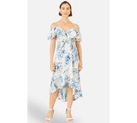 Yumi Women's Ivory Floral Print Bardot Midi Dress With Dip Hem in Off-White | Size: 14 Yumi Off-White 14