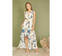 Yumi Premium Ivory Floral Print Broderie Anglaise Cotton Dip Hem Midaxi Dress M White