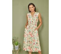 Yumi Ivory Floral Print Mesh Stretch Midi Dress with Pockets 14 White