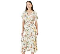 Yumi Women's Viscose Floral Print Midi Dress With Ruched Waist in Warm White | Size: 12