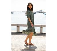 Yumi Khaki Italian Linen Shirt Dress With Frill Hem Khaki