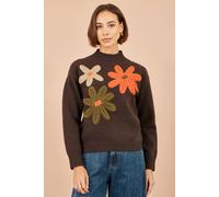 Yumi Women's Knitted High Neck Jumper With Applique Flowers in Brown | Size: Large