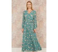 Yumi Mint Green Floral Pleated Long Sleeve Wrap Over Midi Dress Yumi Green 10