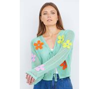 Yumi Women's Mint Tie Front Cardigan With Flower Design in Green | Size: Large Yumi Green L