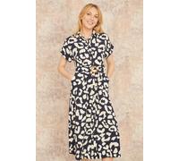 Yumi Navy Abstract Animal Print Relaxed Midi Shirt Dress with Belt (UK, Numeric, 10, Regular, Regular, Navy)