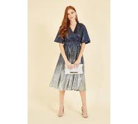 Yumi Womens Navy & Silver Ombre Midi Sequin Wrap Dress - Perfect Christmas Party Dress - Kimono Sleeve & Cinched Waistline 8 Navy