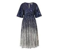Yumi Navy and Silver Ombre Sequin Midi Wrap Dress (UK, Numeric, 14, Regular, Regular, Navy)