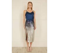 Yumi Women's Navy & Silver Sequin Split Fitted Midi Skirt | Size: 14 Yumi Navy 14