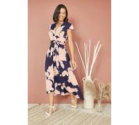 Yumi Navy Blossom Print Wrap Midi With Dipped Hem Navy 24
