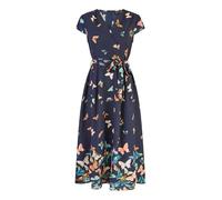 Yumi Navy Butterfly Print Dip Hem Midi Wrap Dress (UK, Numeric, 14, Regular, Regular, Navy)