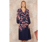 Yumi Navy Button Up Midi Dress With Floral Placement And Long Sleeves Navy