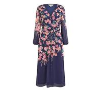Yumi Women's Navy Button Up Midi Dress With Floral Placement & Long Sleeves | Size: 16 Yumi Navy 16