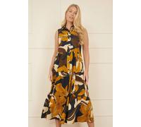 Yumi Navy Cotton Leaf Midi Sleeveless Shirt Dress Navy 18