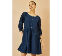 Yumi Navy Cotton Tunic With Broderie Anglaise Puff Sleeves Navy 14