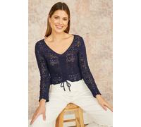 Yumi Navy Crochet Top With Front Ruching Navy M