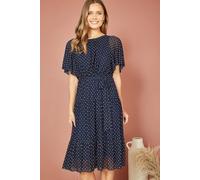 Yumi Navy Dot Print Mesh Stretch Midi Skater Dress Navy 8
