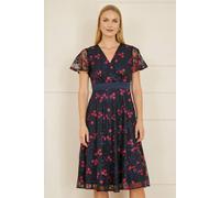 Yumi Navy Embroidered Floral Mesh Wrap Midi Skater Dress Navy 10
