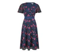 Yumi Navy Embroidered Floral Mesh Wrap Midi Skater Dress (UK, Numeric, 16, Regular, Regular, Navy)