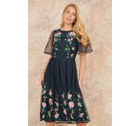 Yumi Navy Embroidered Short Mesh Sleeve Prom Skater Dress Navy 16